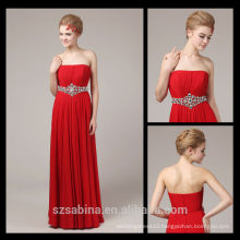 New Modern Wholesale Floor-Length Strapless Red Chiffon Evening Dress With Crystals Belt 8076